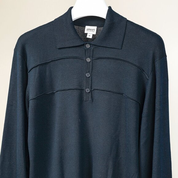 Armani Collezioni Navy Silk-Blend Knit Long Sleeve Polo - Picture 3 of 10